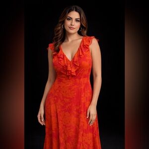 Chaps Ruffle V-Neck Midi Dress in Vibrant Orange
